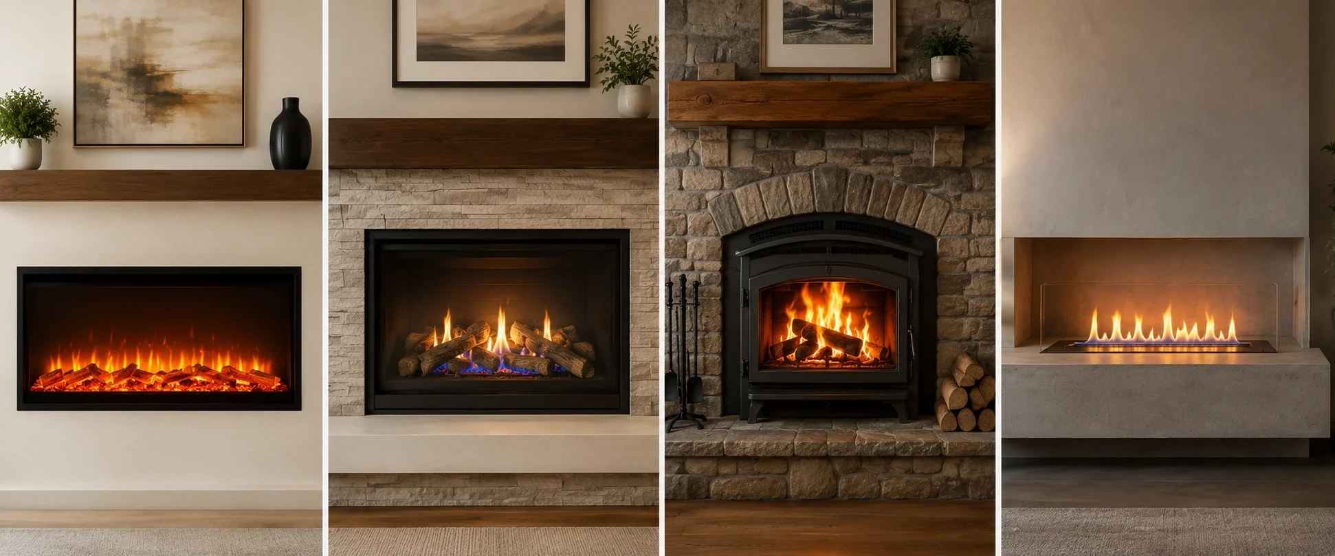 Side-by-side comparison of different fireplace types