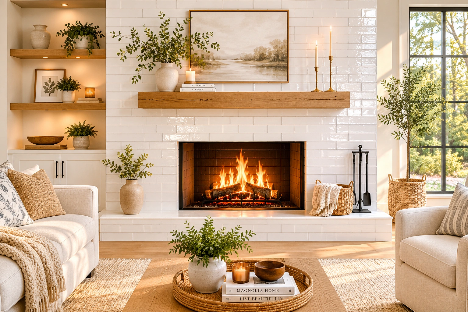 White tile fireplace with bright, airy aesthetic