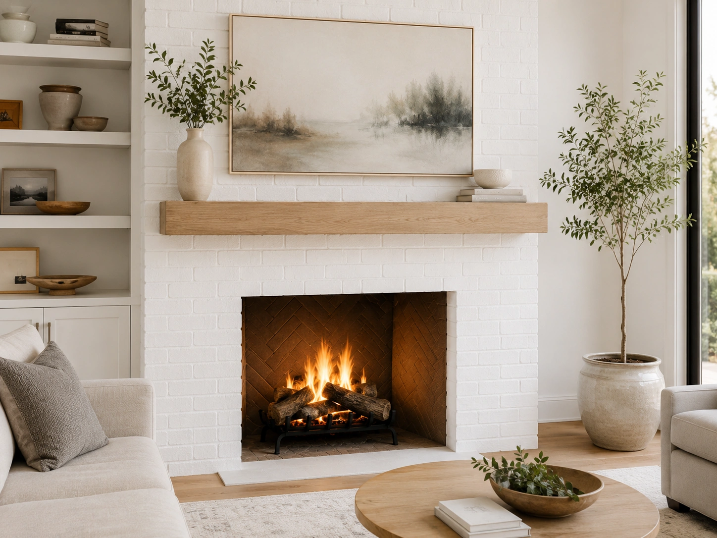 Crisp white painted brick fireplace in modern living room