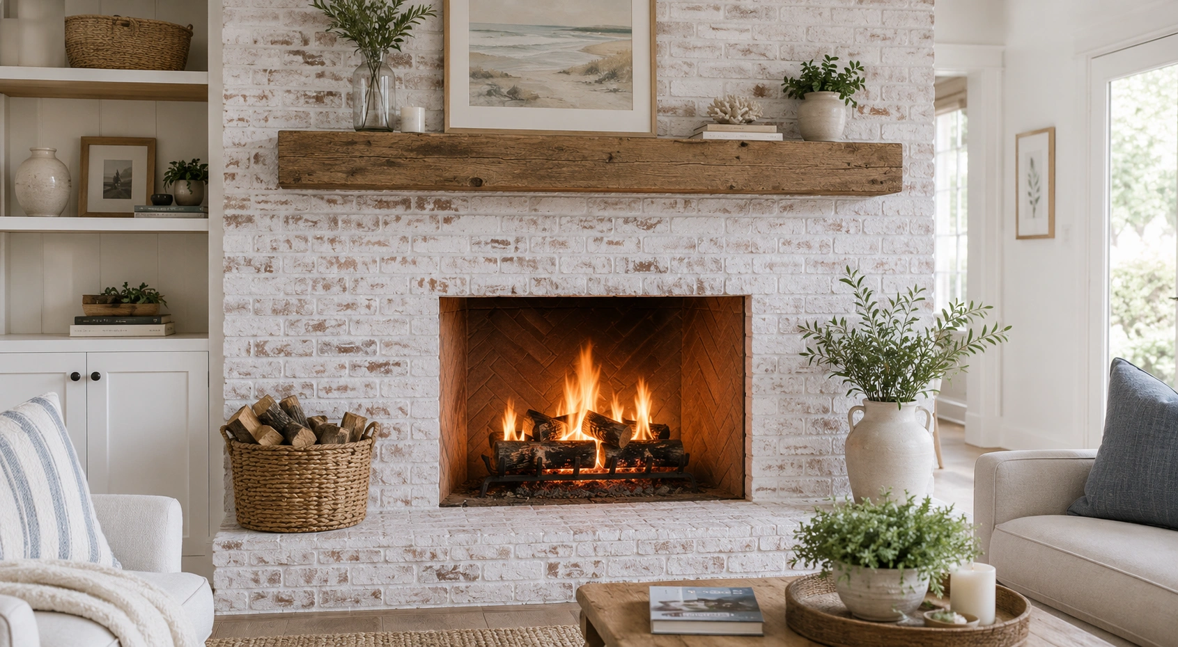 Whitewashed brick fireplace with modern aesthetic