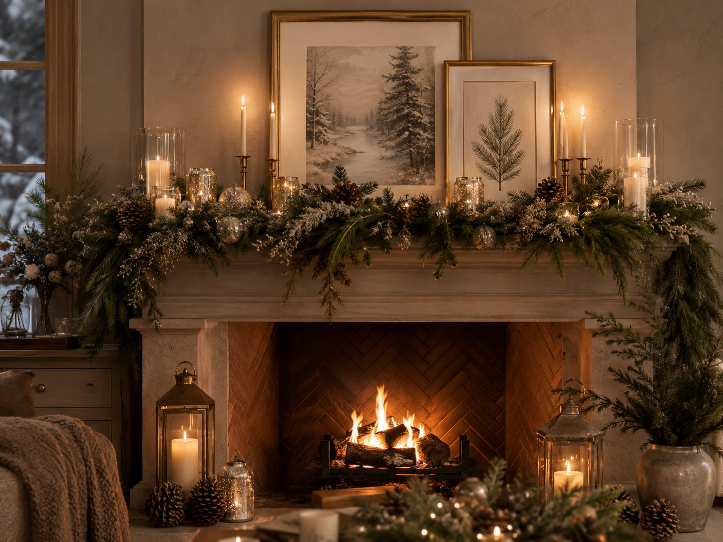 Winter fireplace decor with evergreens and festive elements