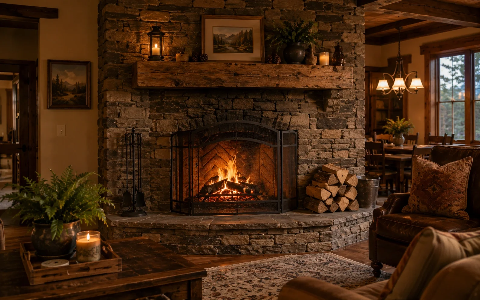 Traditional wood burning corner fireplace