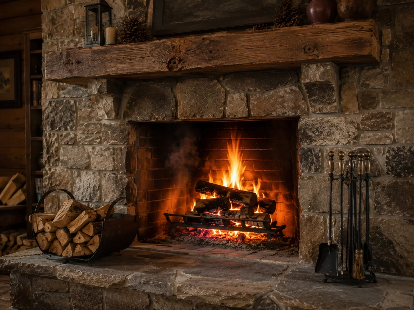 Classic wood-burning fireplace with stone surround