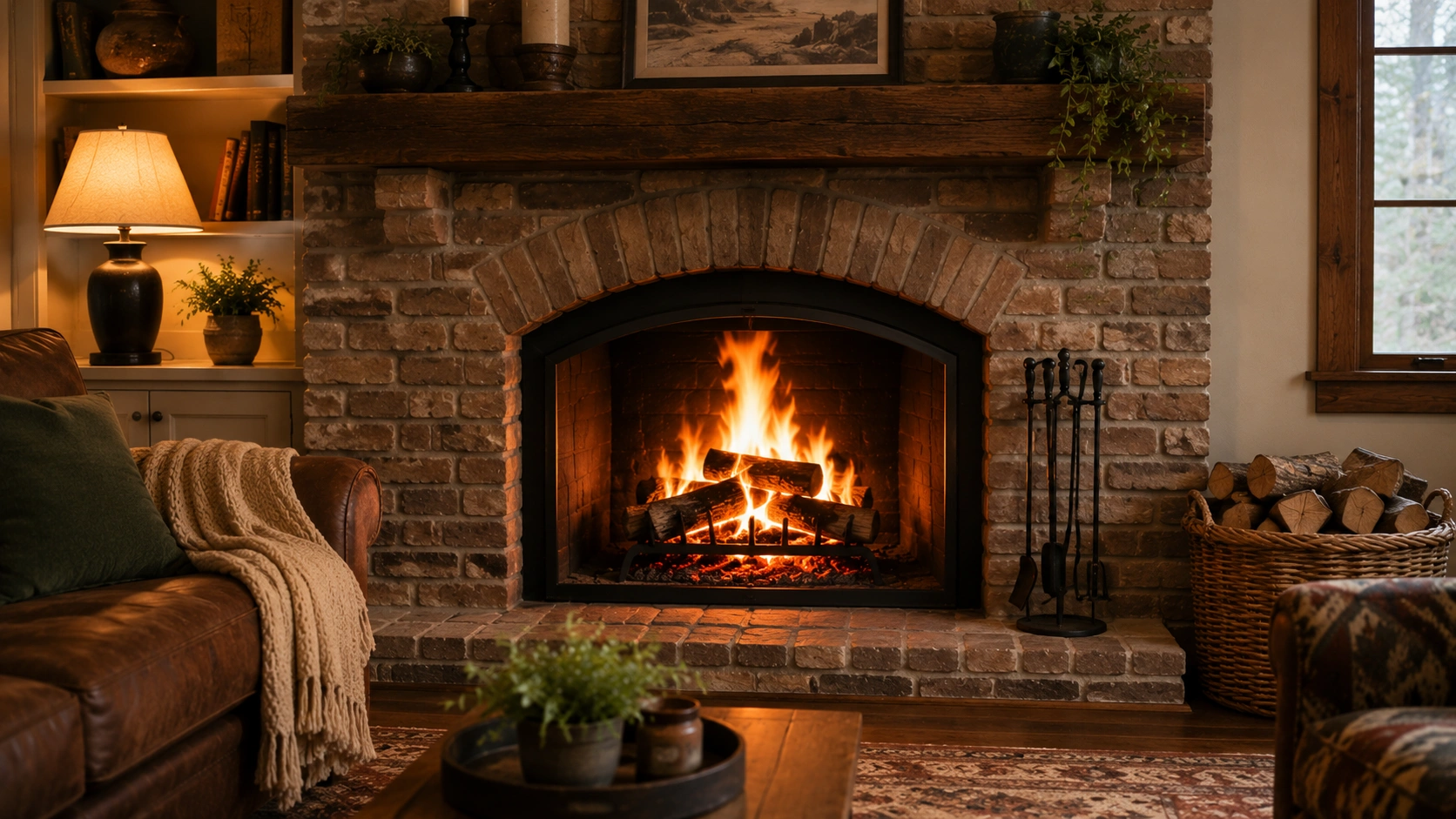 Traditional wood burning fireplace with authentic crackling fire