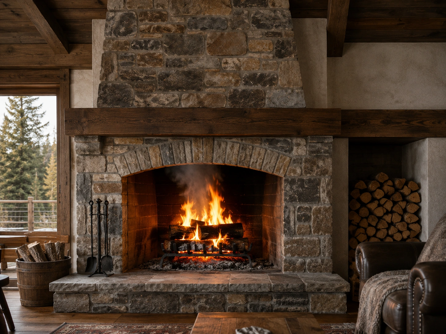 Traditional wood burning fireplace with masonry chimney