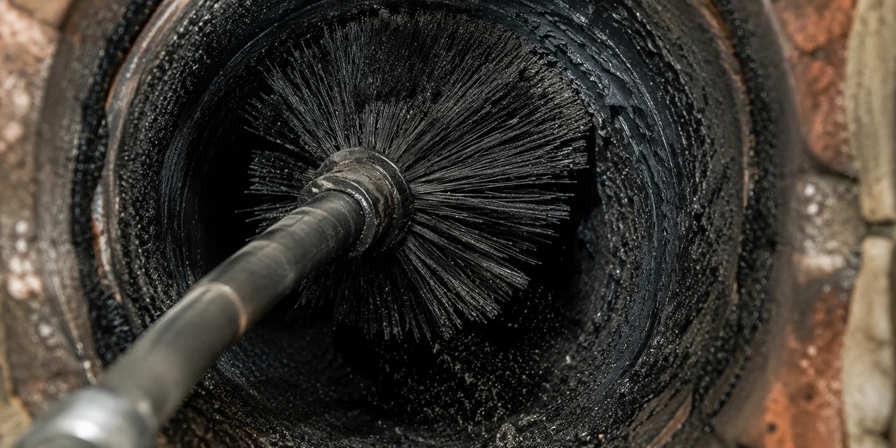 Chimney sweep brush cleaning creosote from a wood burning fireplace flue