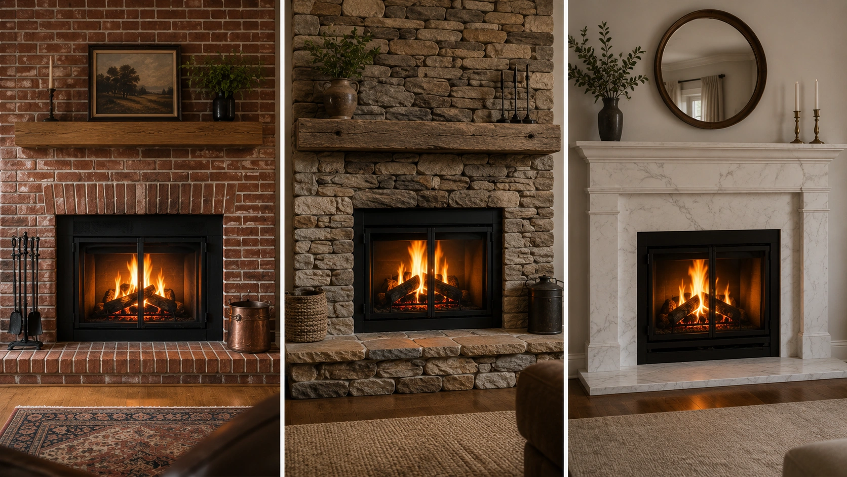 Various wood burning fireplace surround designs including brick, stone, and marble options
