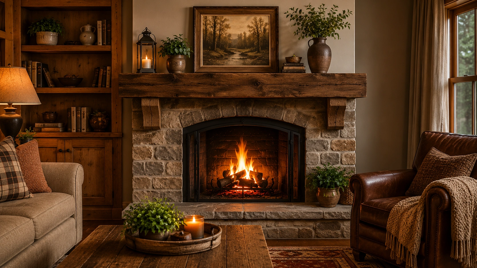 Wood mantel and surround with warm natural finish