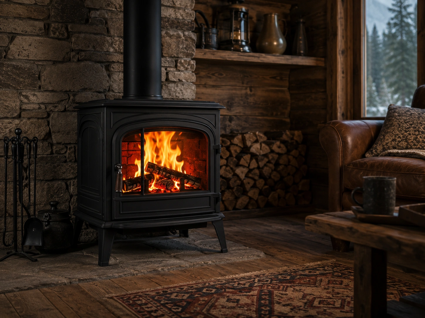 Traditional wood burning standalone fireplace
