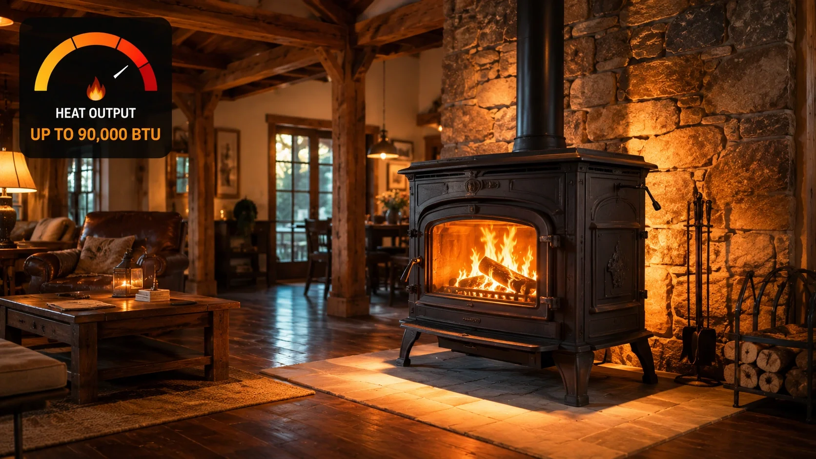 Wood stove with high heating capacity for whole house
