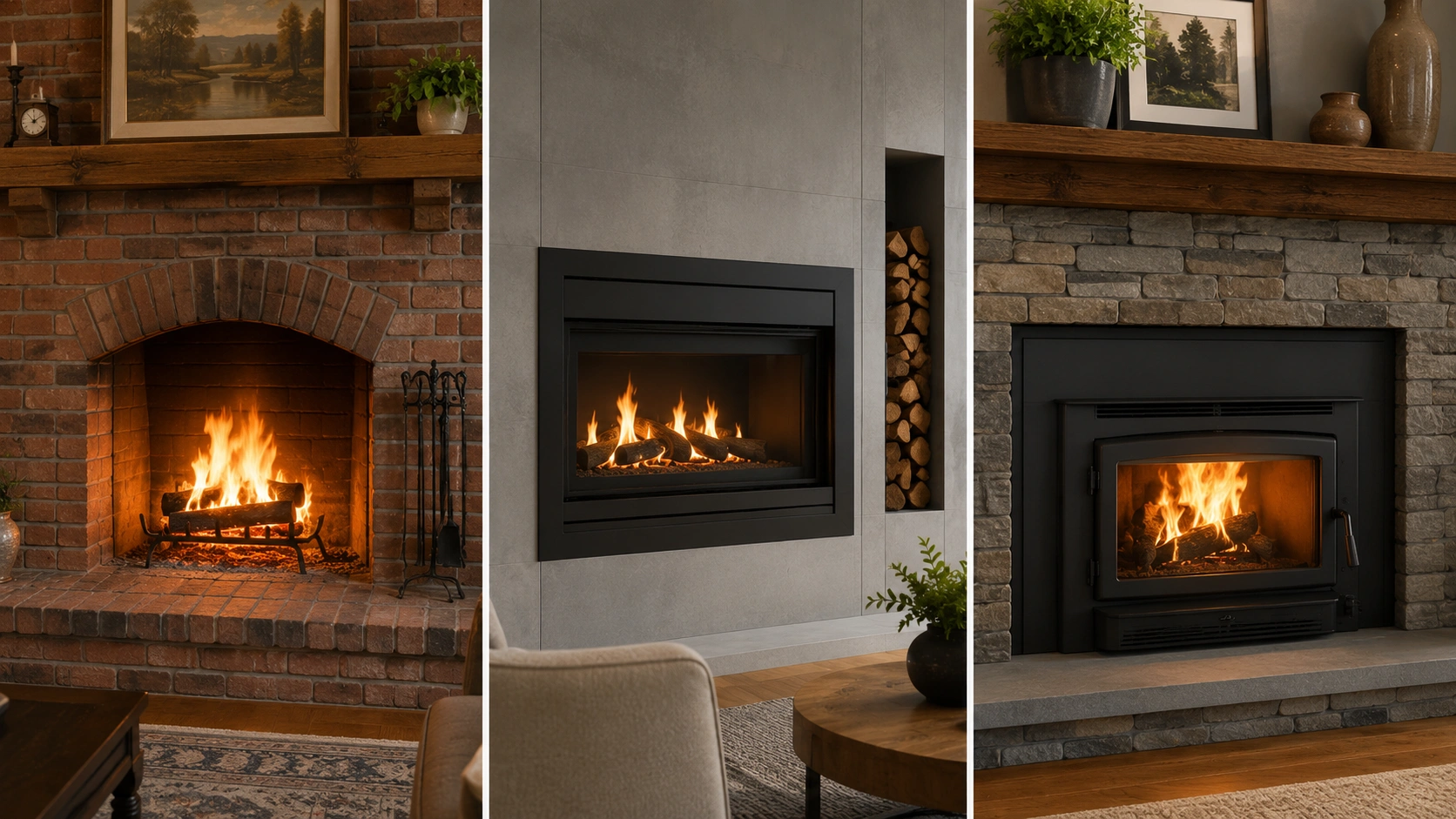 Different types of wood burning fireplaces including masonry, insert, and freestanding styles